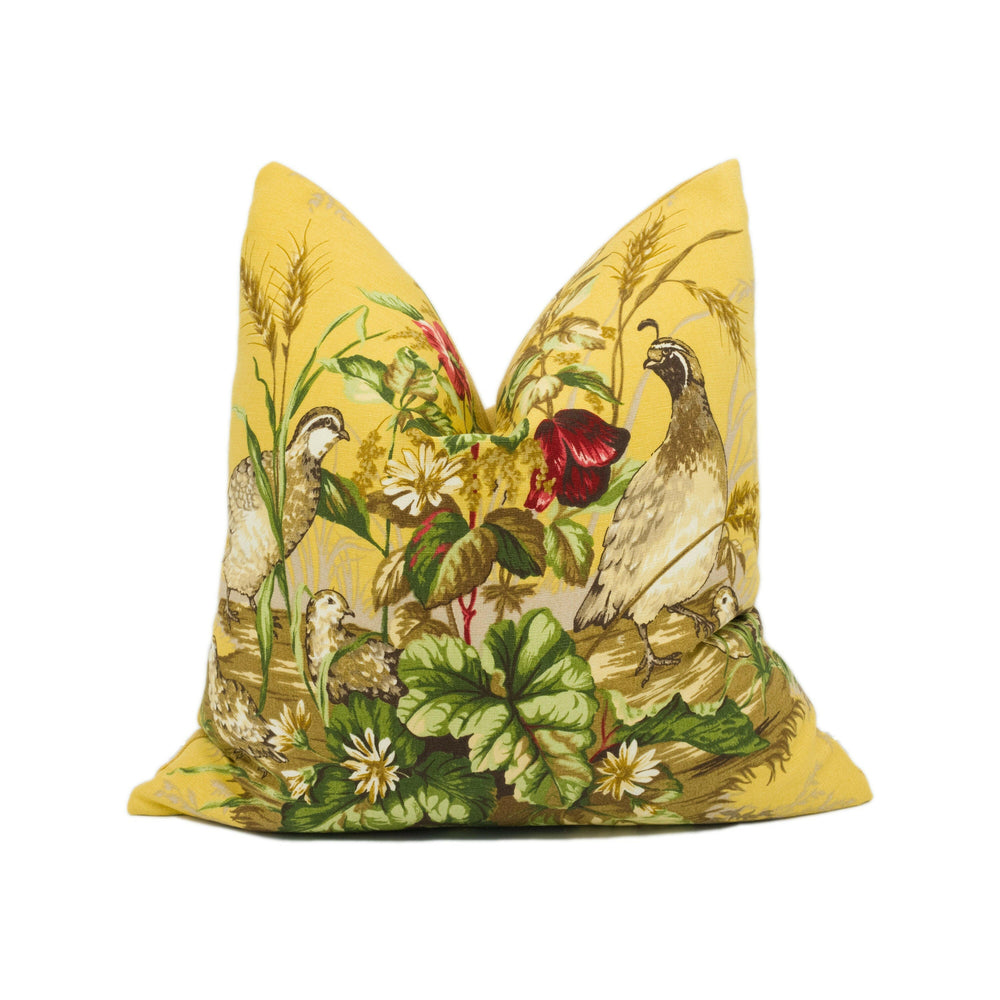 Scalamandre - Edwin's Covey - Multi on Mustard - Traditional Quail Family Designer Cushion Cover - Luxury Throw Pillow - Handmade Home Decor.