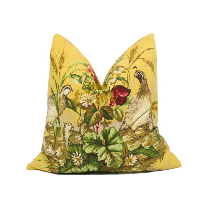 Scalamandre - Edwin's Covey - Multi on Mustard - Traditional Quail Family Designer Cushion Cover - Luxury Throw Pillow - Handmade Home Decor.