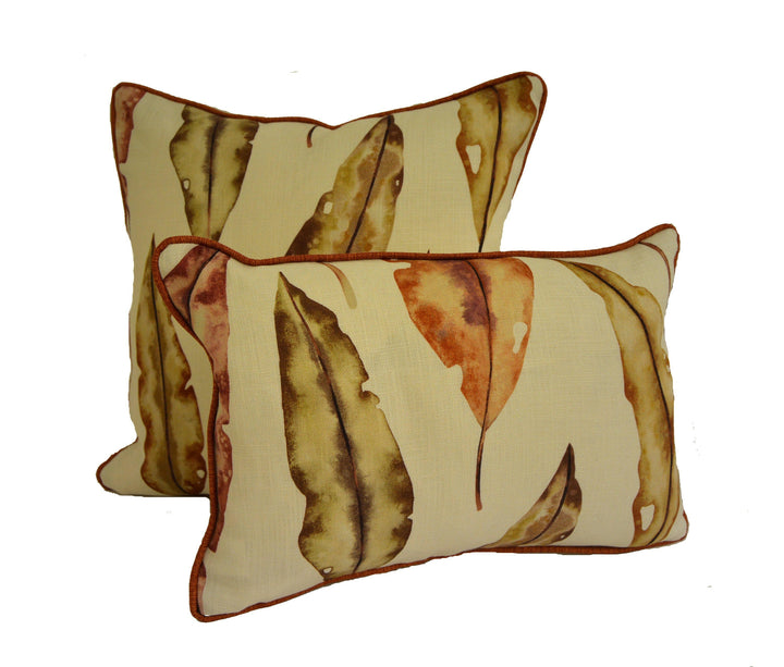 Harlequin - Kinina - Mandarin / Fig - Delicate Watercolour Leaves Cushion Cover Contrast Piped Throw Pillow Designer Home Decor.