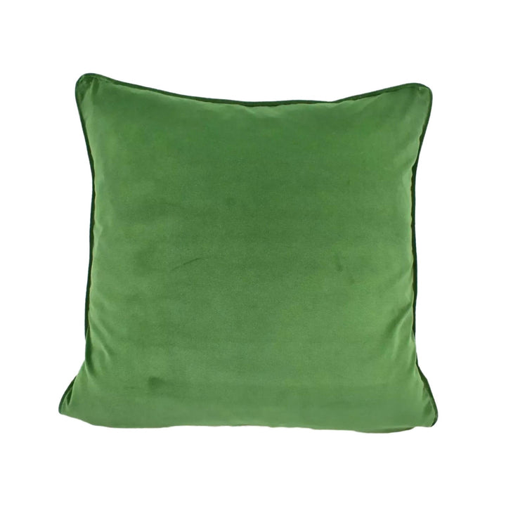A square, green throw pillow with a dark border.