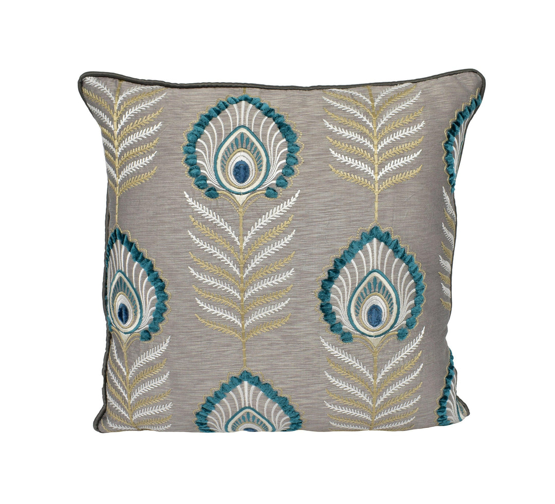 Jane Churchill - Sula - Teal - Bold Embroidered Jewel Peacock Feather Designer Cushion Cover - Luxury Throw Pillow - Handmade Home Decor.