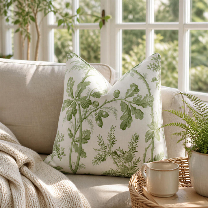 a cozy living space with a beige sofa adorned with a white and green floral throw pillow. A woven basket with a white mug and a potted plant can be seen on the right side of the sofa. The room is illuminated by natural light coming through a window, creating a serene and inviting atmosphere.