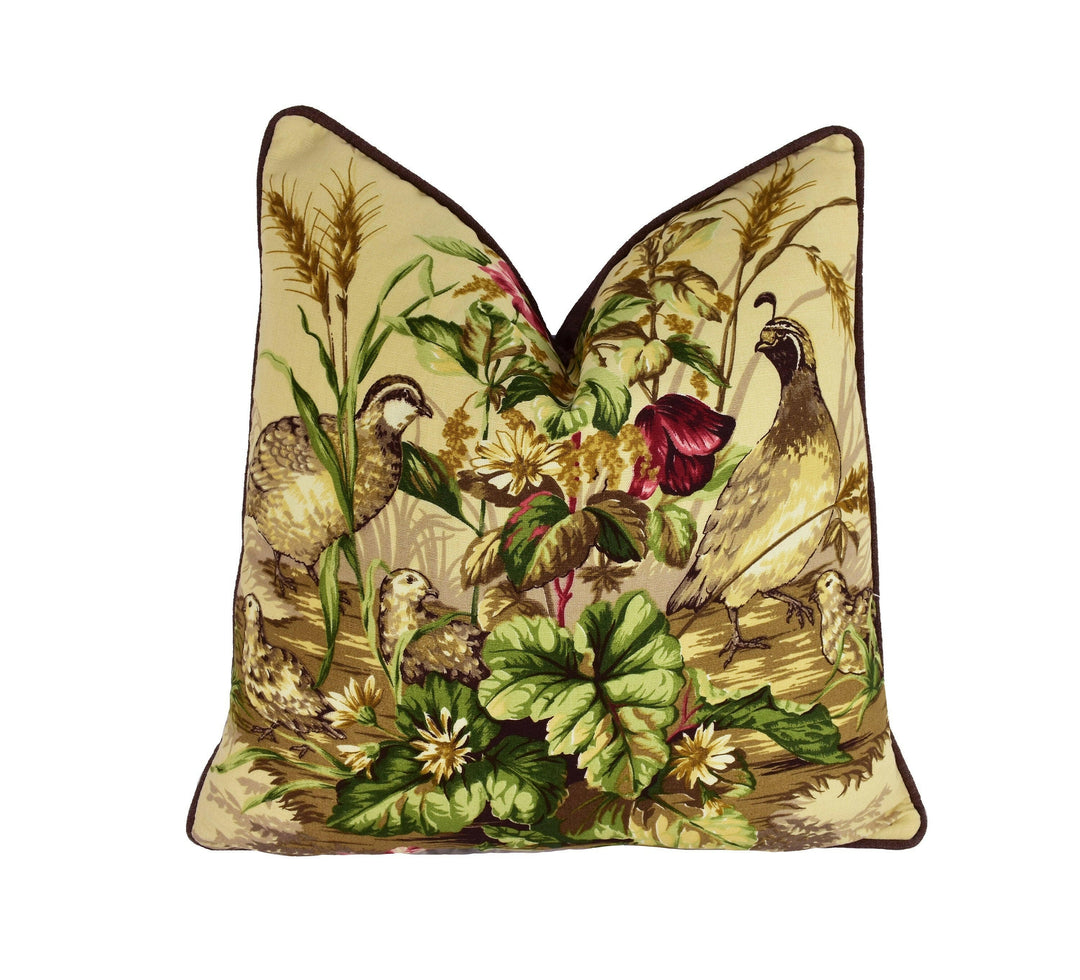 Scalamandre - Edwin's Covey - Multi on Sisal - Traditional Quail Family Designer Cushion Cover - Luxury Throw Pillow - Handmade Home Decor.
