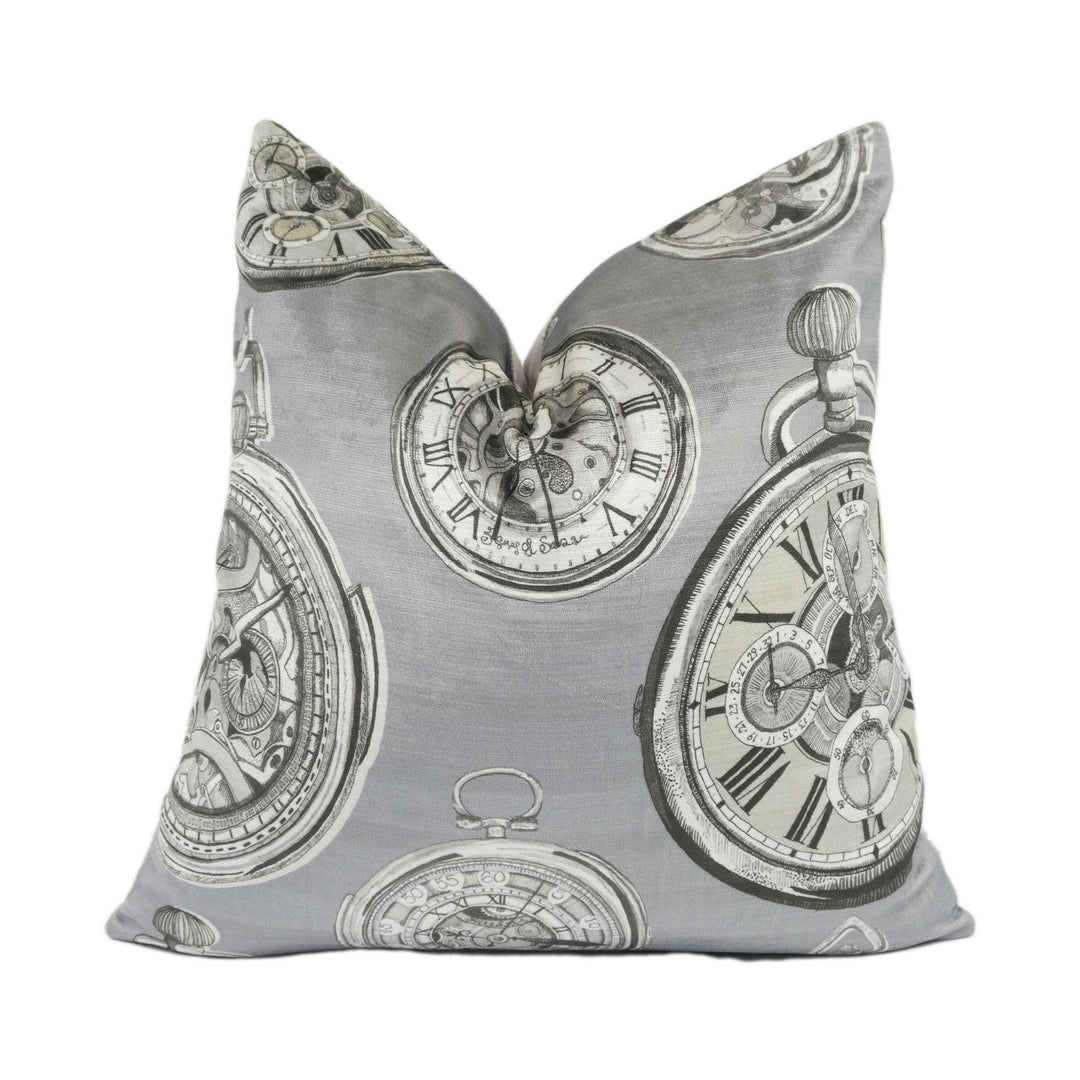 Voyage - Pocket Watch Velvet - Charcoal - Whimsical Illustrated Watch Cushion Cover - Handmade Throw Pillow Designer Home Decor.