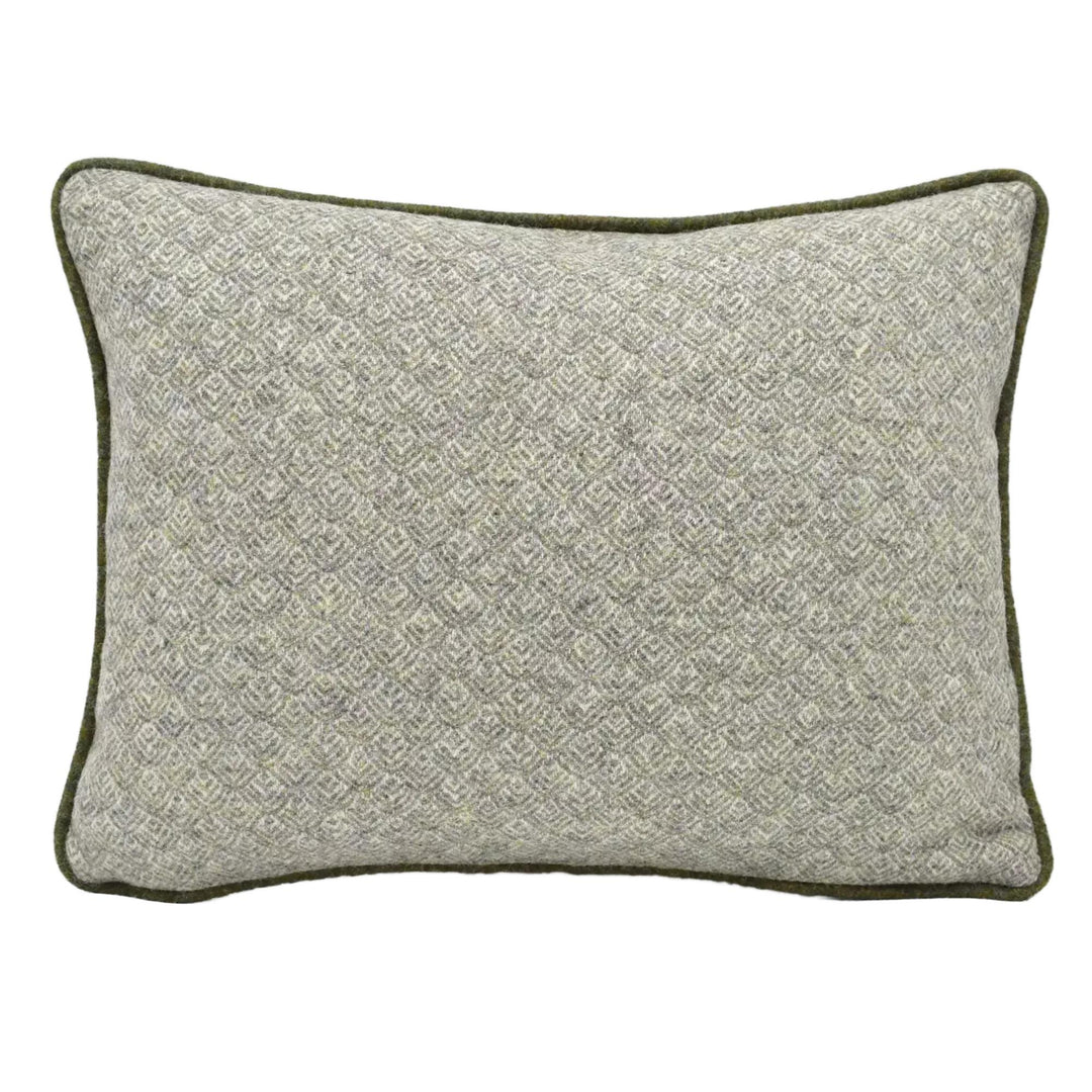 A gray and green patterned throw pillow with a green border.