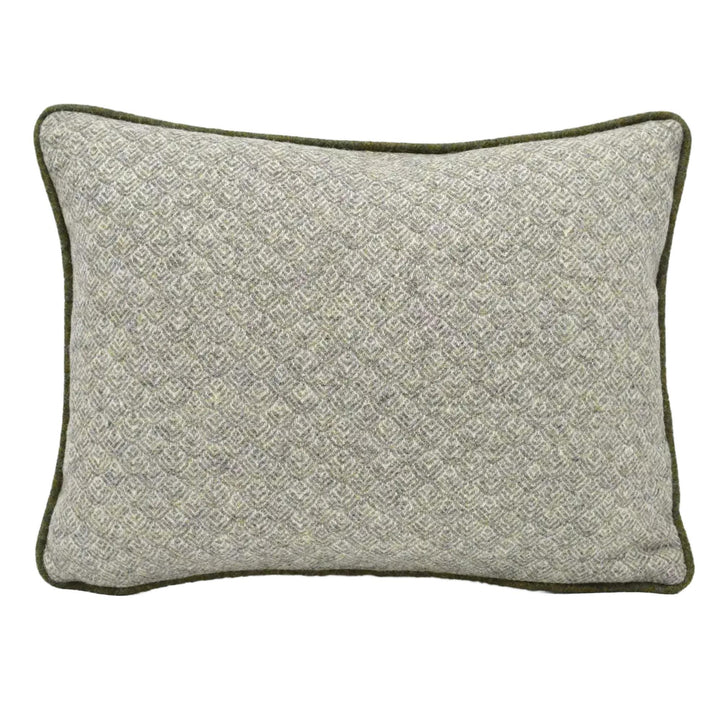 A gray and green patterned throw pillow with a green border.