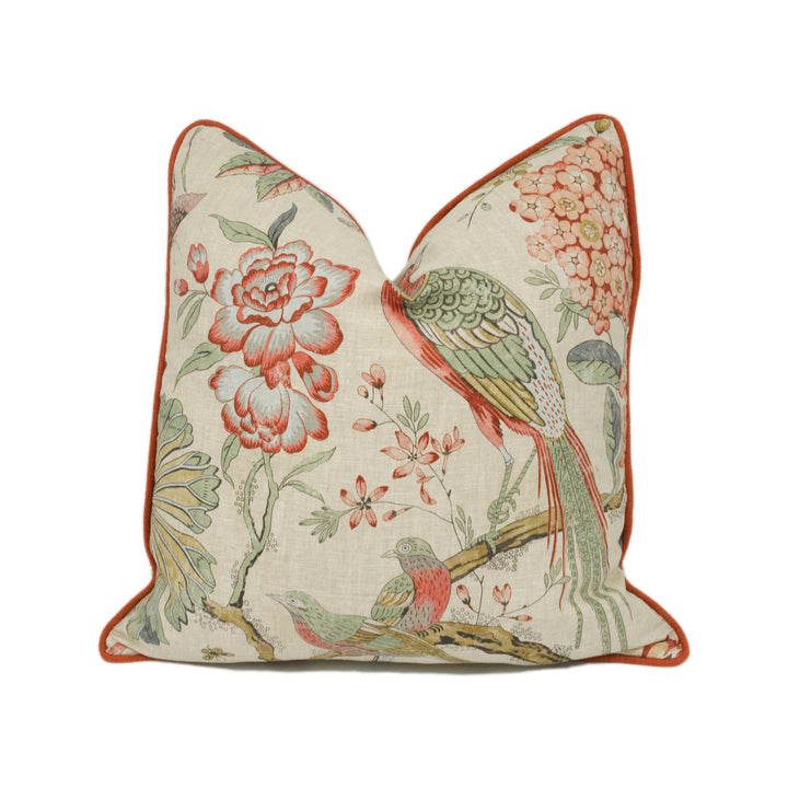 Anna French x Thibaut - Villeneuve - Coral on Flax - Antique Avant Garde Bird Designer Cushion Cover - Luxury Throw Pillow - Handmade Home.
