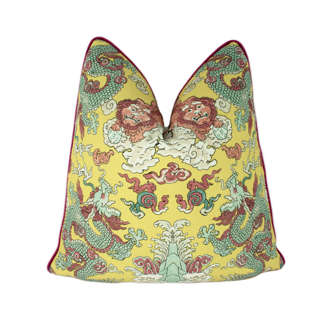 Schumacher - Magic Mountain Dragon - Yellow - Fantastical Exotic Statement Cushion Cover - Handmade Throw Pillow - Luxury Home Decor.