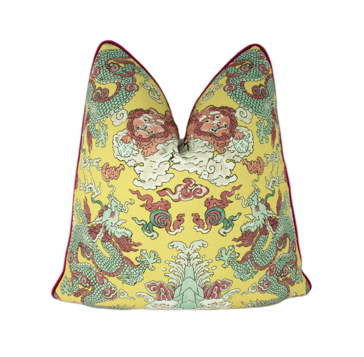 Schumacher - Magic Mountain Dragon - Yellow - Fantastical Exotic Statement Cushion Cover - Handmade Throw Pillow - Luxury Home Decor.