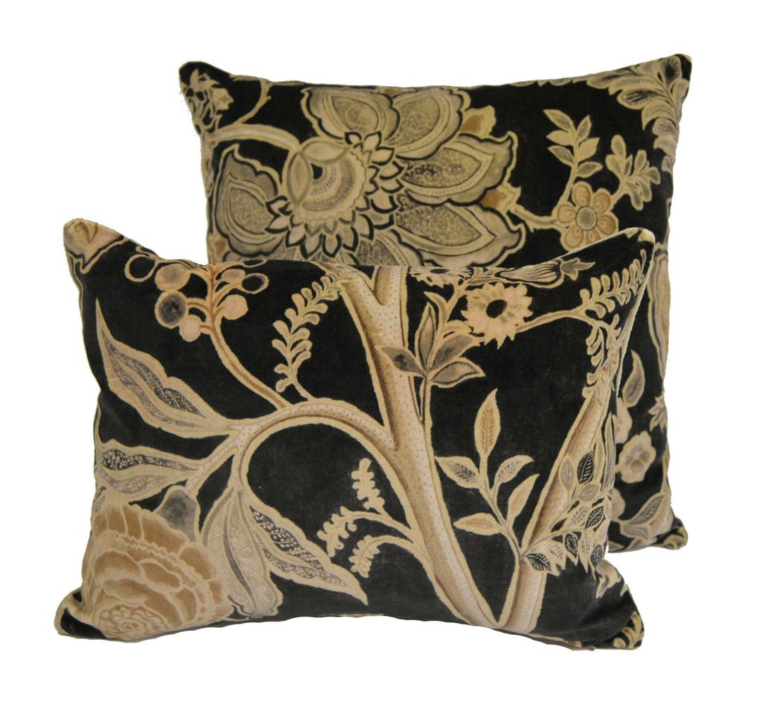Sandersons - Shalimar - Graphite / Mole - Designer Velvet Cushion Cover  Throw Pillow - Batik Vintage Floral Print.