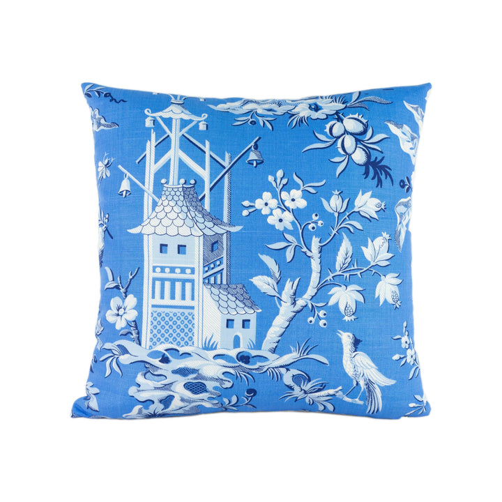 Thibaut - Pagoda Garden - Blue - Antique Far East Chinoiserie Pagoda Designer Cushion Cover - Luxury Throw Pillow - Handmade Home Decor.