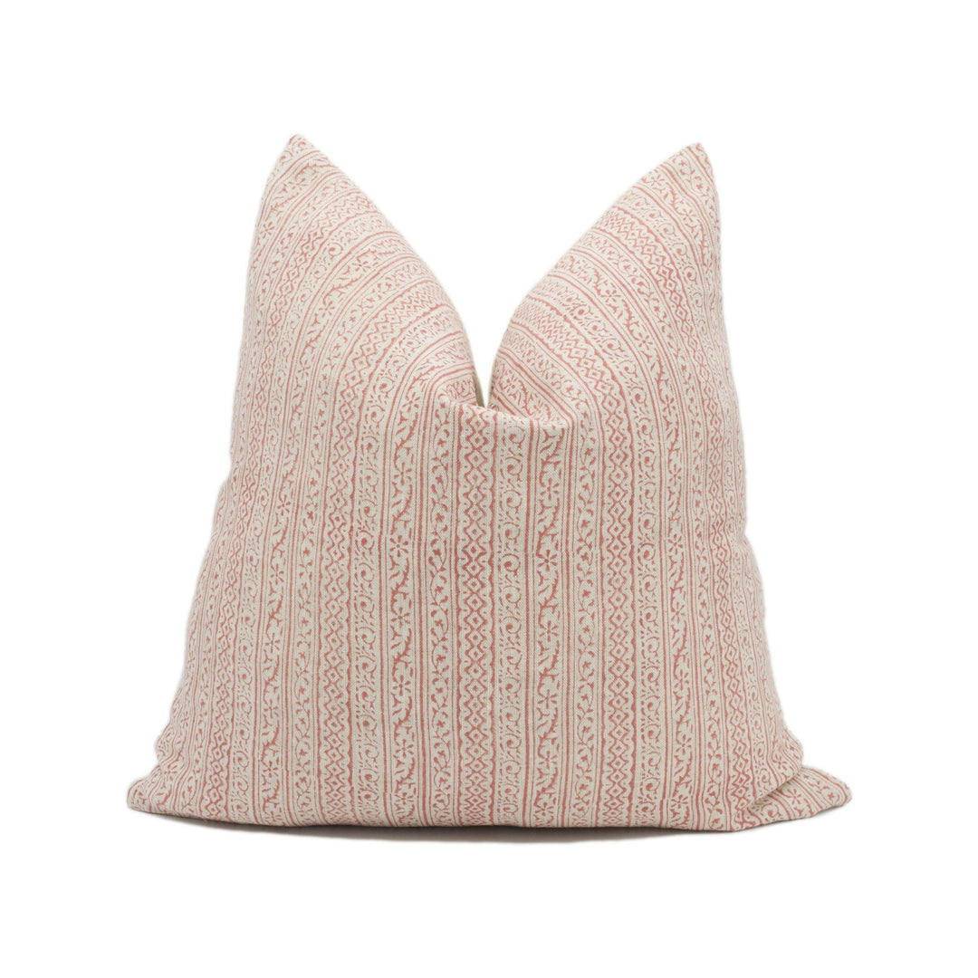 GP & J Baker - Cherbury - Red - Indian Handprint Designer Cushion - Intricate Small Scale Floral Stripe Pillow - Red Linen Custom Pillow.