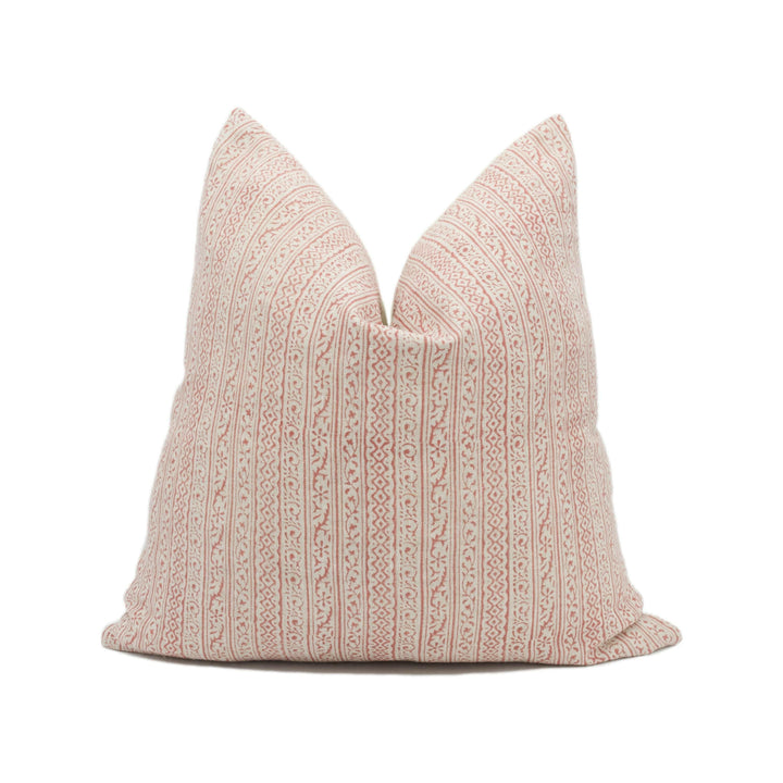 GP & J Baker - Cherbury - Red - Indian Handprint Designer Cushion - Intricate Small Scale Floral Stripe Pillow - Red Linen Custom Pillow.