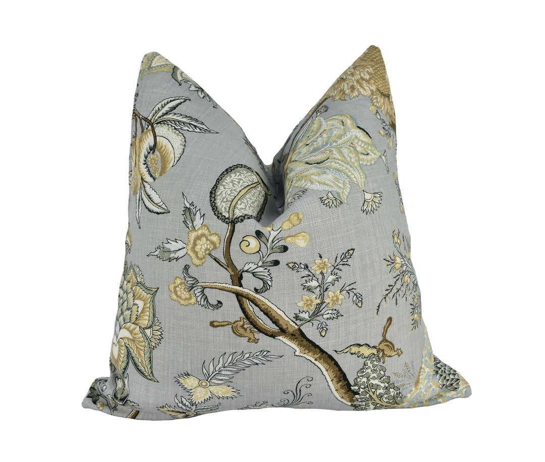 Scalamandre - Pondicherry Linen - Mineral - Bold Indian Tree of Life Floral Designer Cushion Cover Handmade Throw Pillow Luxury Home Decor.