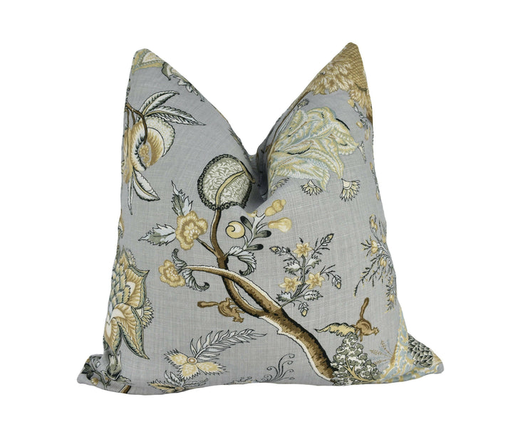 Scalamandre - Pondicherry Linen - Mineral - Bold Indian Tree of Life Floral Designer Cushion Cover Handmade Throw Pillow Luxury Home Decor.