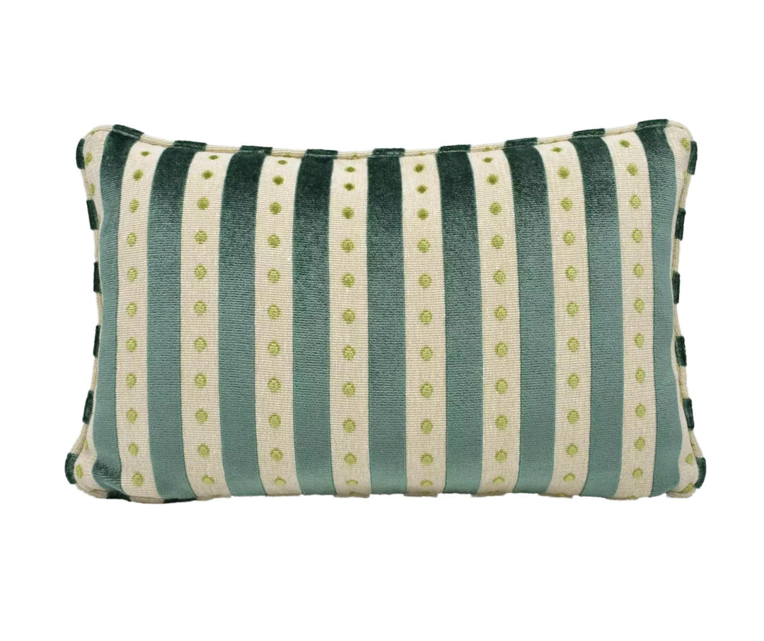 A decorative throw pillow with a striped pattern in shades of green and white.