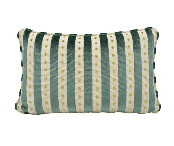 A decorative throw pillow with a striped pattern in shades of green and white.