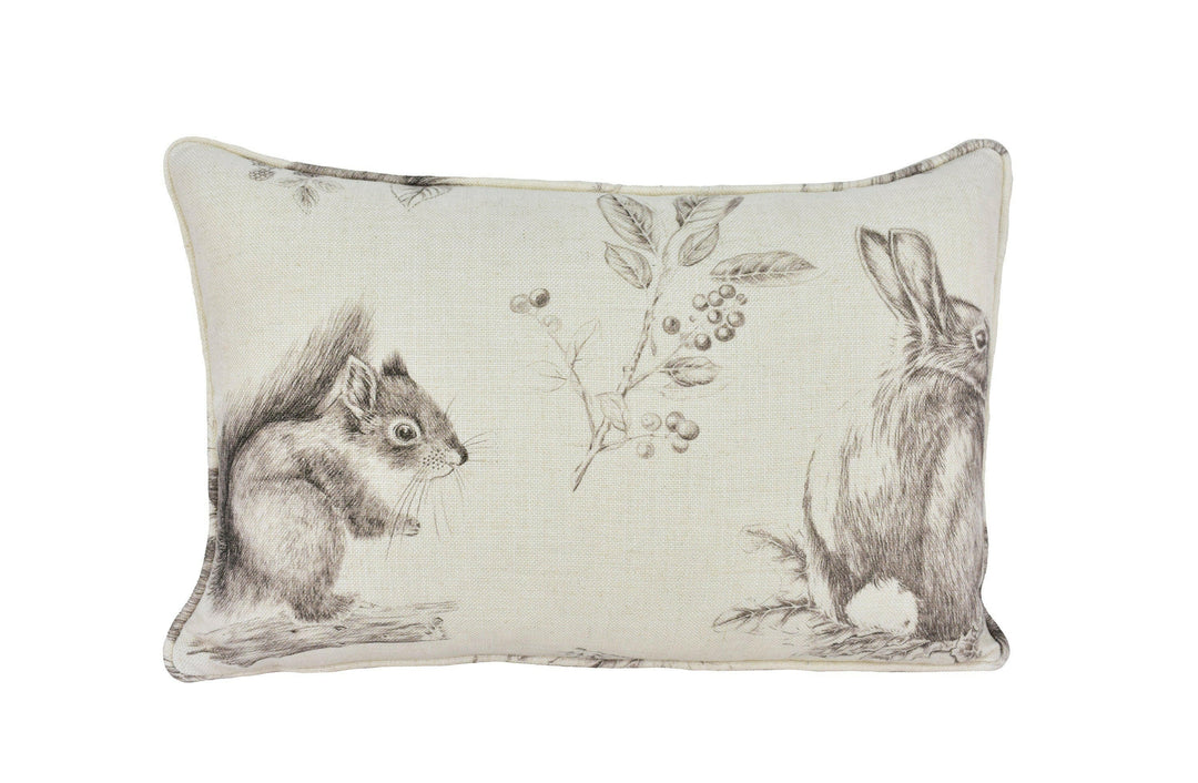 Sanderson - Squirrel & Hedgehog - Walnut / Linen - Self Piped Cushion Cover Throw Pillow Designer Home Decor.