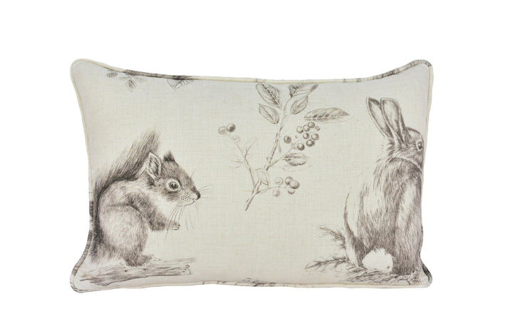 Sanderson - Squirrel & Hedgehog - Walnut / Linen - Self Piped Cushion Cover Throw Pillow Designer Home Decor.