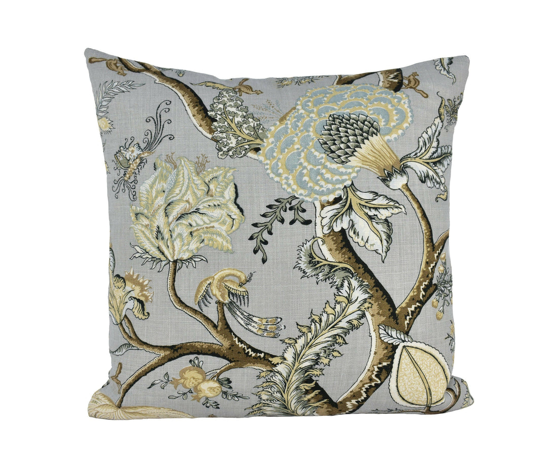 Scalamandre - Pondicherry Linen - Mineral - Bold Indian Tree of Life Floral Designer Cushion Cover Handmade Throw Pillow Luxury Home Decor.