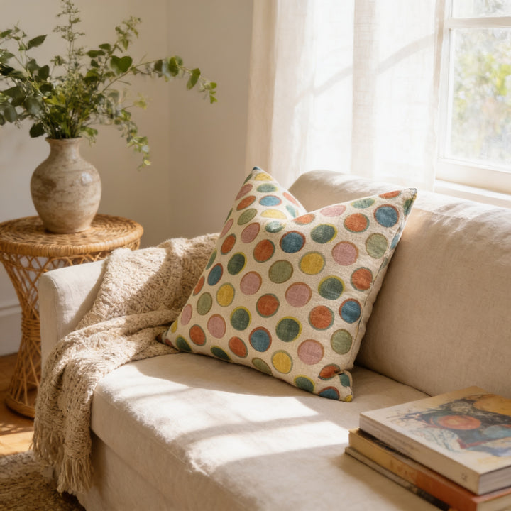 a cozy living room with a beige sofa adorned with a colorful polka dot pillow. A woven side table holds a vase of greenery, and a stack of books is placed on the sofa. The room is illuminated by natural light coming through a window, creating a warm and inviting atmosphere.