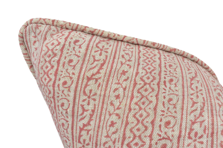 GP & J Baker - Cherbury - Red - Indian Handprint Designer Cushion - Intricate Small Scale Floral Stripe Pillow - Red Linen Custom Pillow.