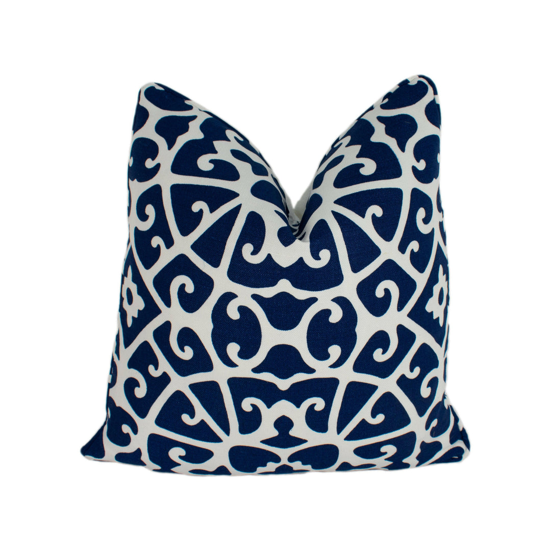 Scalamandre - Anshun Lattice - Indigo - Traditional Chinese Fretwork Floral Designer Cushion Cover - Handmade Throw Pillow Luxury Home Decor.