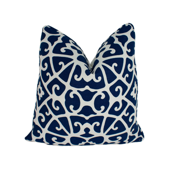 Scalamandre - Anshun Lattice - Indigo - Traditional Chinese Fretwork Floral Designer Cushion Cover - Handmade Throw Pillow Luxury Home Decor.