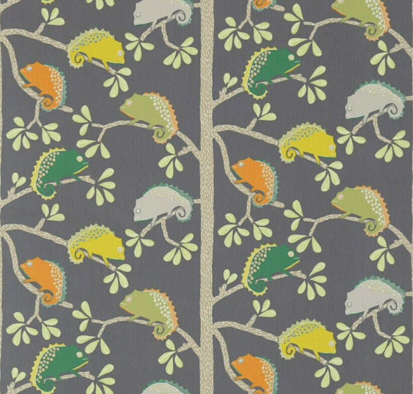 Scion - Calmer Chameleon - Moss / Citrus / Charcoal - Funky Chameleon Cushion Cover - Handmade Throw Pillow Designer Home Decor.