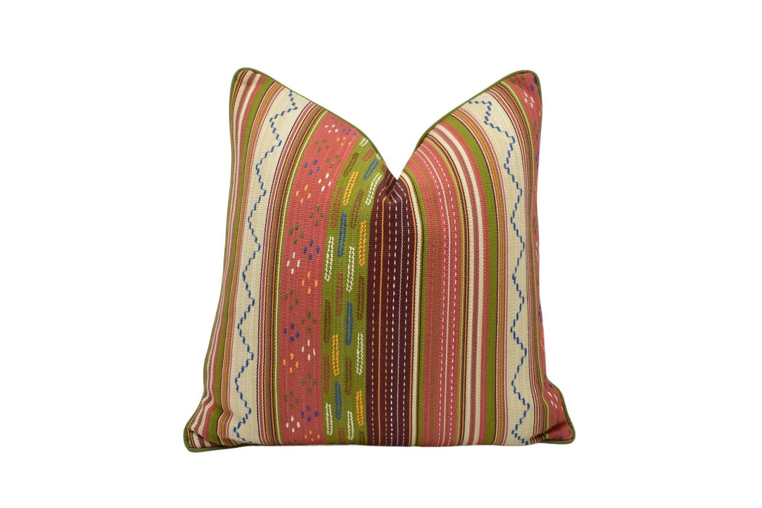 G P & J Baker x Kit Hemp - Runaway - Coral / Green - Complex Embroidered Stripe Designer Cushion Cover - Luxury Throw Pillow - Handmade Home.