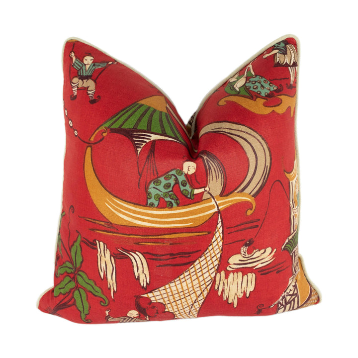 Sanderson - Pagoda River - Red / Gold -  Vintage Asian Chinoiserie Inspired Designer Cushion Cover - Luxury Throw Pillow - Home Décor.