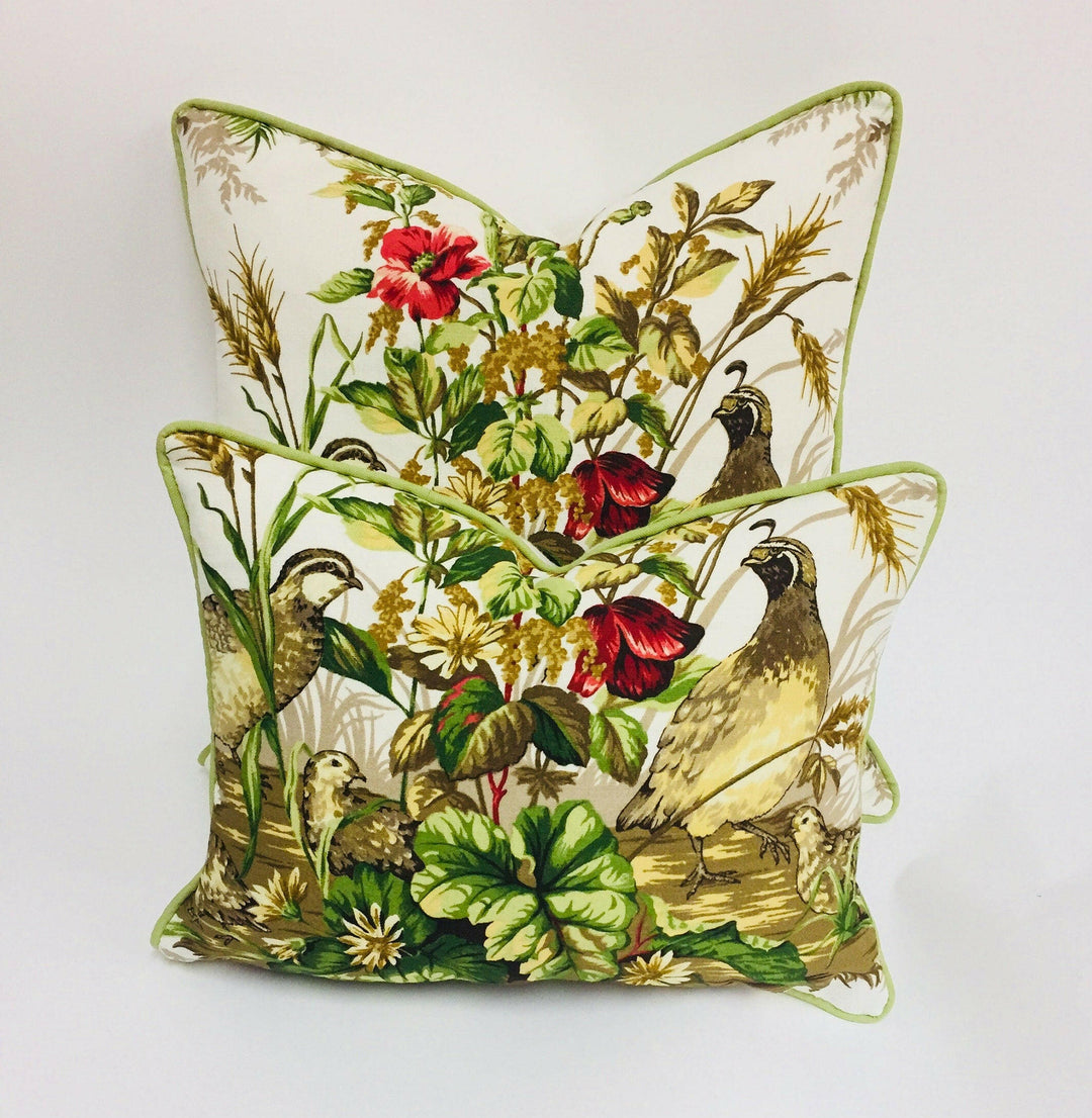 Scalamandre - Edwin's Covey - Multi on White - Traditional Quail Family Designer Cushion Cover - Luxury Throw Pillow - Handmade Home Decor.