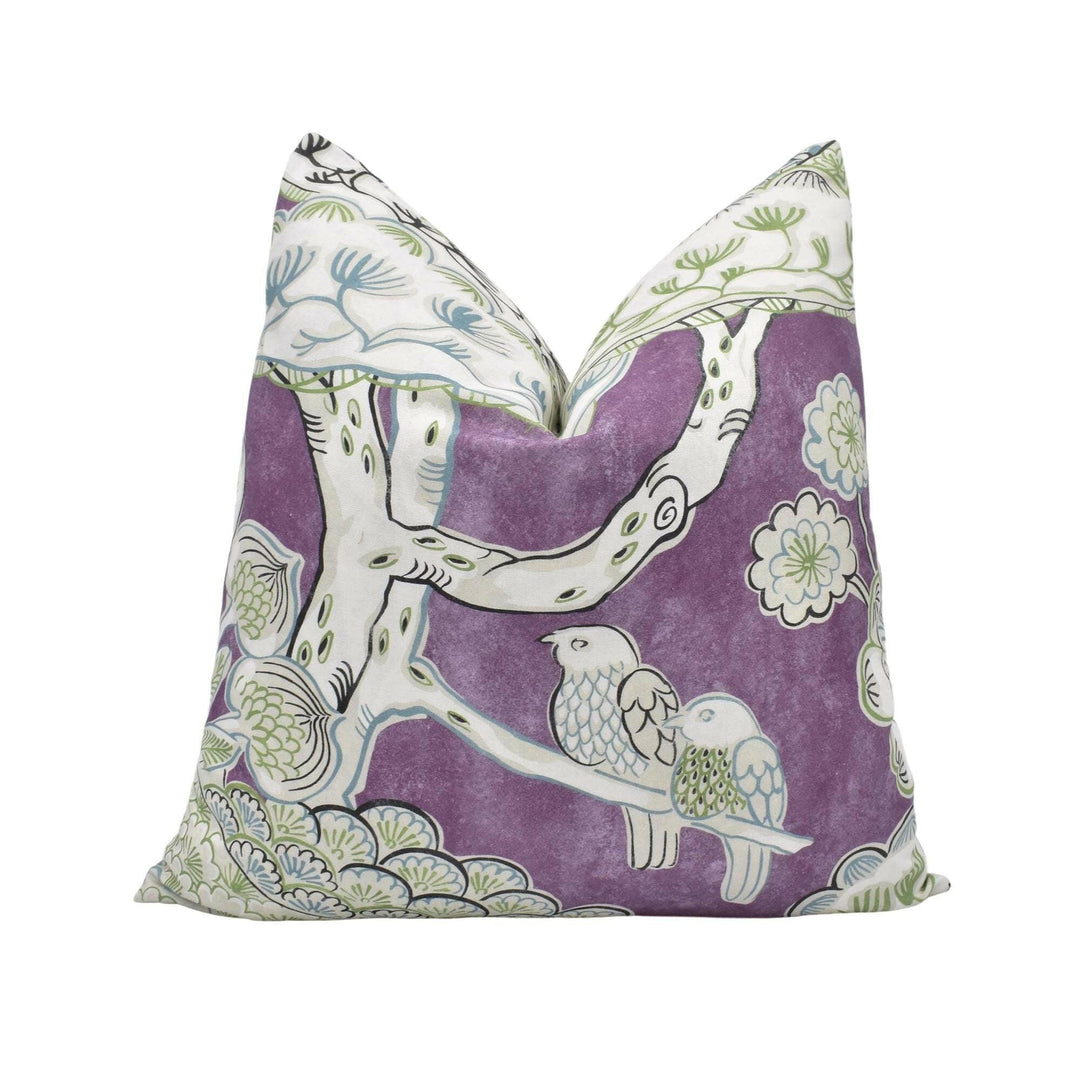 Anna French x Thibaut - Tree House - Eggplant - Whimsical 1920's Japanese Tree Designer Cushion Cover - Handmade Thibaut Pillow Cover.