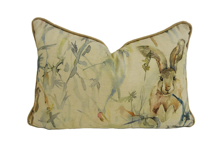 Voyage - Jack Rabbit - Linen - Playful Watercolour Rabbit &amp; Thistle Cushion Cover - Handmade Throw Pillow Designer Home Decor.