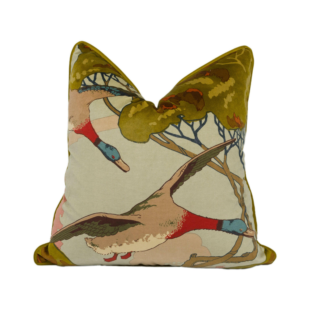 Mulberry - Flying Ducks Velvet - Sky - Majestic Mallard Duck Art Deco Designer Cushion Cover - Luxury Throw Pillow - Handmade Home Decor.