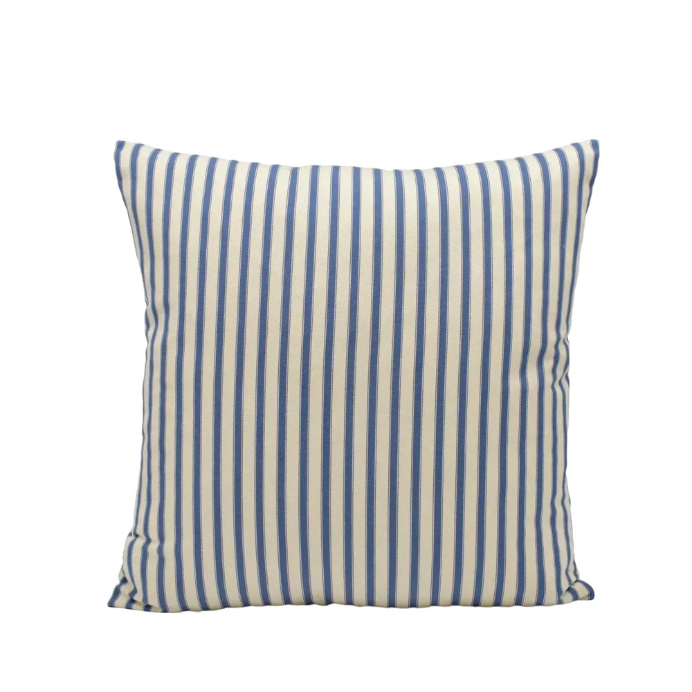A square throw pillow with a striped pattern in shades of blue and white.