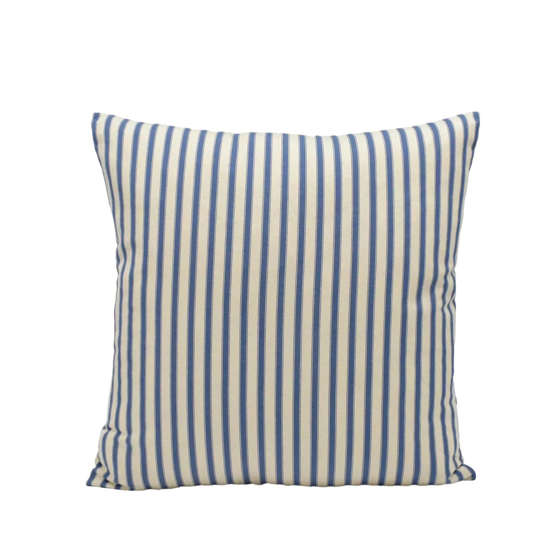 A square throw pillow with a striped pattern in shades of blue and white.