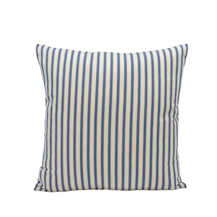 A square throw pillow with a striped pattern in shades of blue and white.