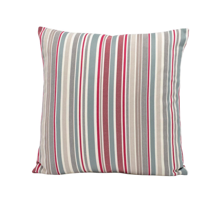 A square throw pillow with a striped pattern in shades of gray, red, and white.