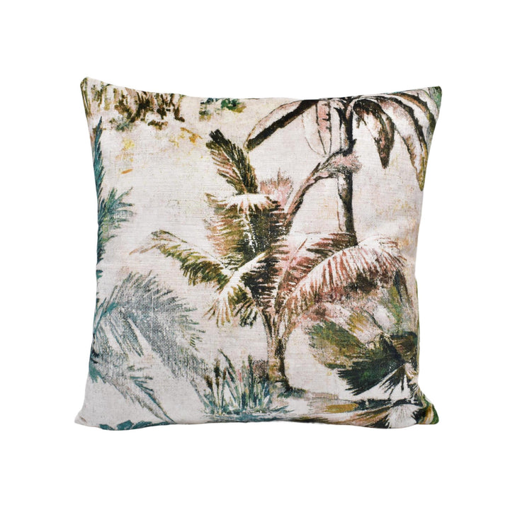 A square throw pillow with a tropical palm tree pattern printed on it.