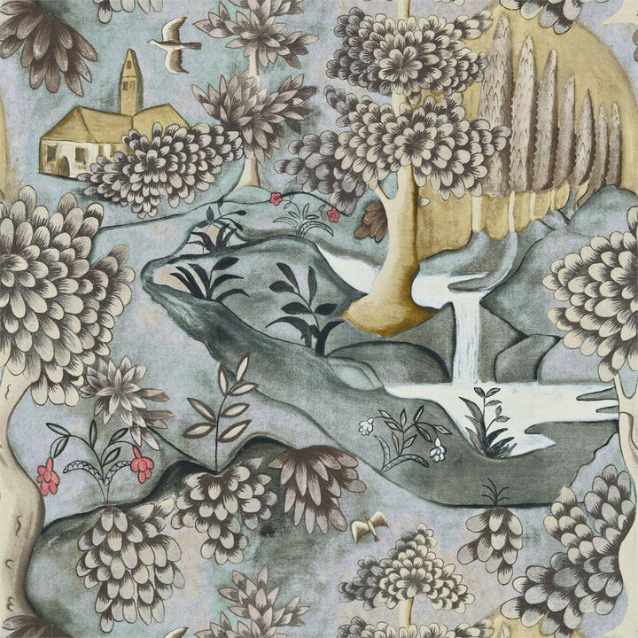 Zoffany - Verdure - Lead Blue - Lush Pastoral Landscape Cushion Cover - Handmade Throw Pillow Designer Home Decor.