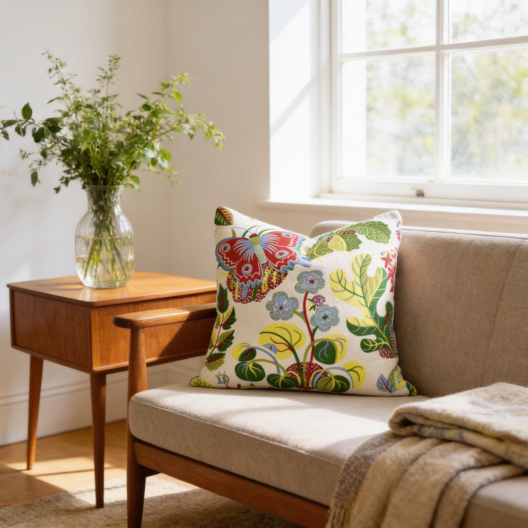 a cozy living room with a beige sofa, a wooden side table, and a vase of greenery. The sofa has a colorful pillow with a floral design, and a blanket is draped over it. The room is illuminated by natural light coming through a window, creating a warm and inviting atmosphere.