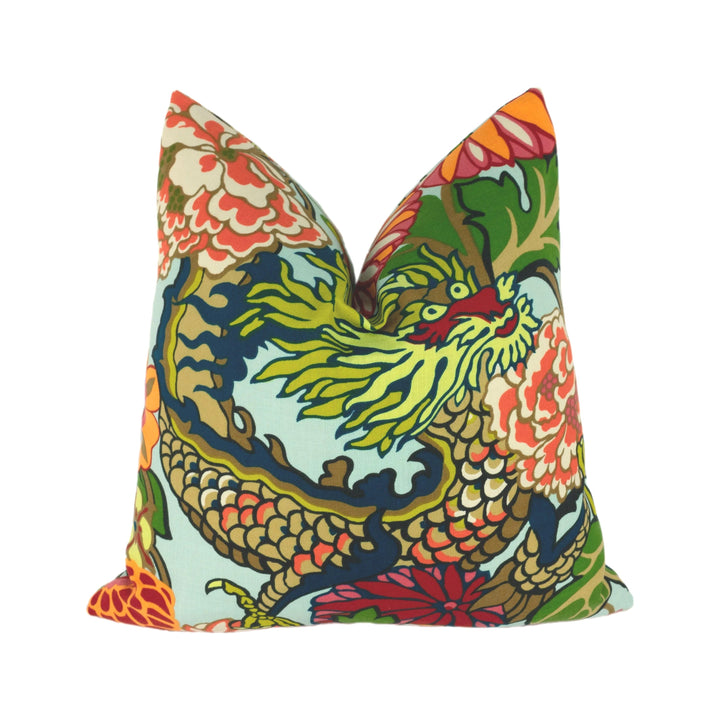 Schumacher - Chiang Mai Dragon - Aquamarine - Art Deco Chinoiserie Designer Cushion Cover - Handmade Throw Pillow Luxury Home Decor.