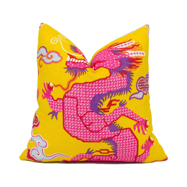 Schumacher - Magical Ming Dragon - Yellow - Fantastical Tibetan Inspired Designer Cushion Cover - Handmade Throw Pillow - Luxury Home Décor.