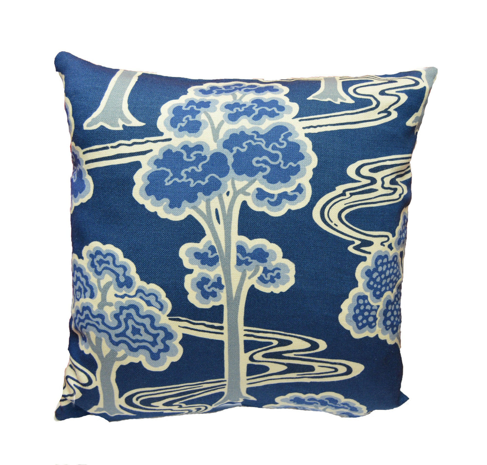 Schumacher - Tree River - Blue - Japanese Art Deco Designer Cushion Cover - Handmade Throw Pillow - Designer Home Decor.