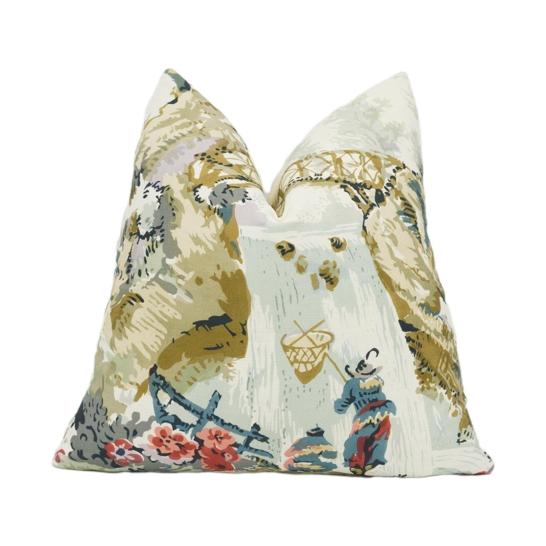 Thibaut - Moorea - Cream on Coral - 17th Century Block Print Cushion Cover - Asian Fishing Waterfall Throw Pillow - Exotic Forest Pillow.
