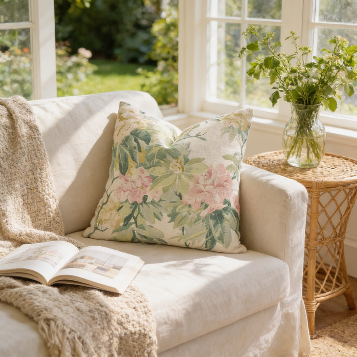 A cozy living room with a white sofa, a floral throw pillow, and a woven side table with a vase of greenery. An open book is also visible on the sofa.
