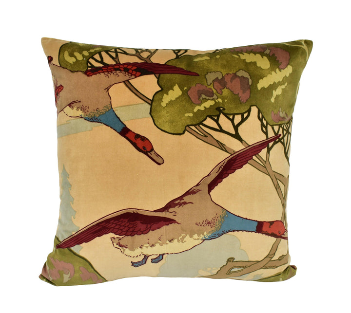 Mulberry - Flying Ducks Velvet - Camel - Majestic Mallard Duck Art Deco Designer Cushion Cover - Luxury Throw Pillow - Handmade Home Decor.