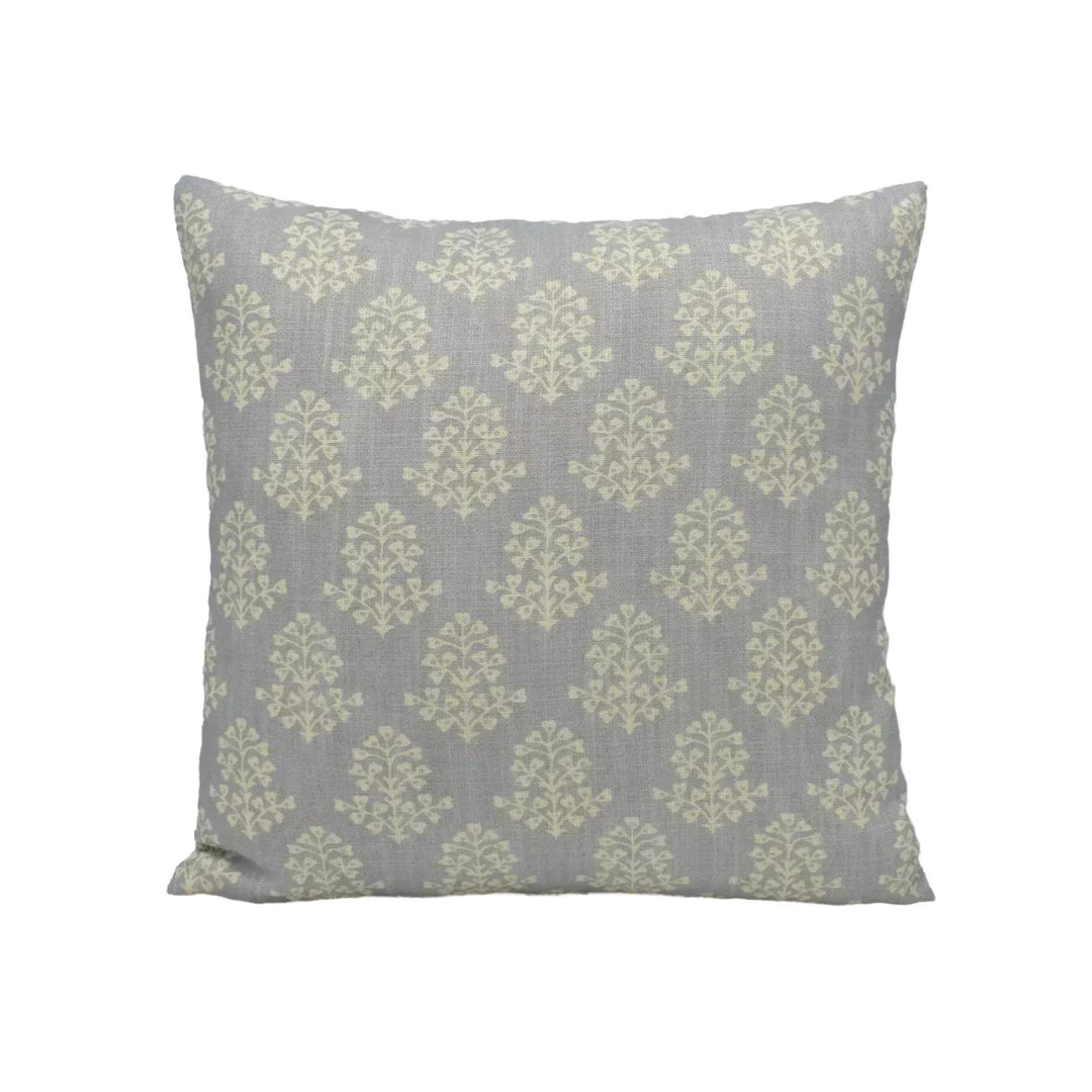 A gray and white patterned throw pillow is centered against a white background.