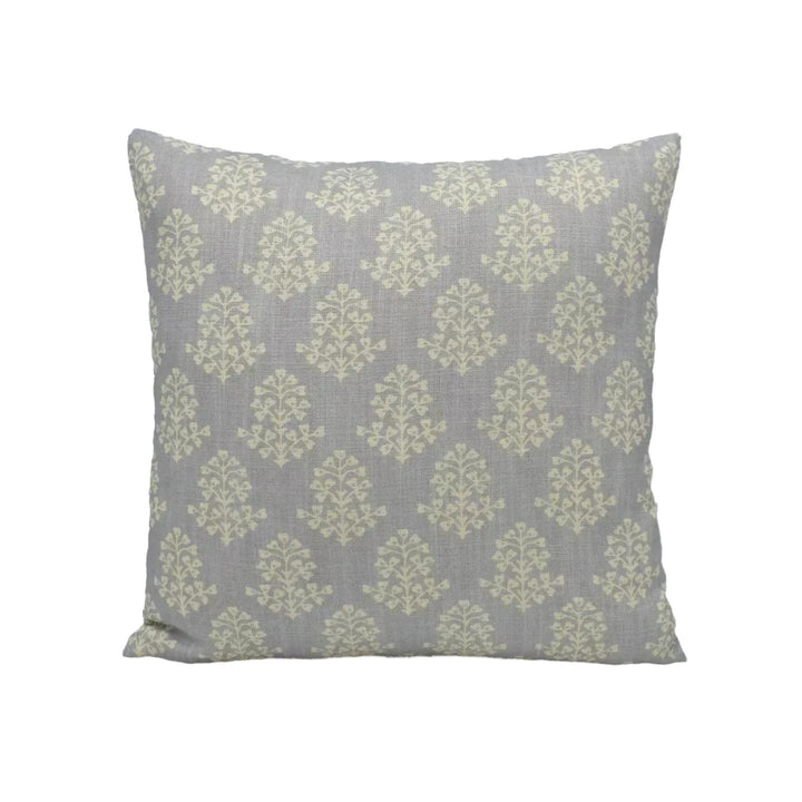 A gray and white patterned throw pillow is centered against a white background.